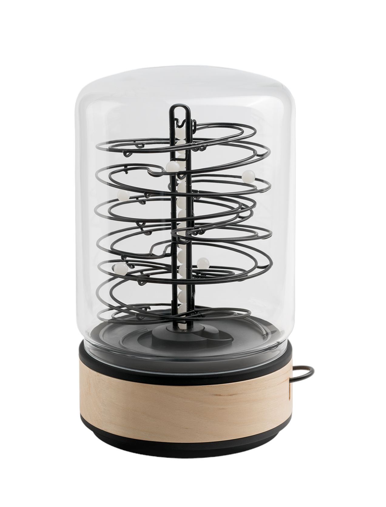 ElectRoll Classic Birch: Kugelbahn mit USB-C Anschluss und Birkenholz Sockel unter Glas.