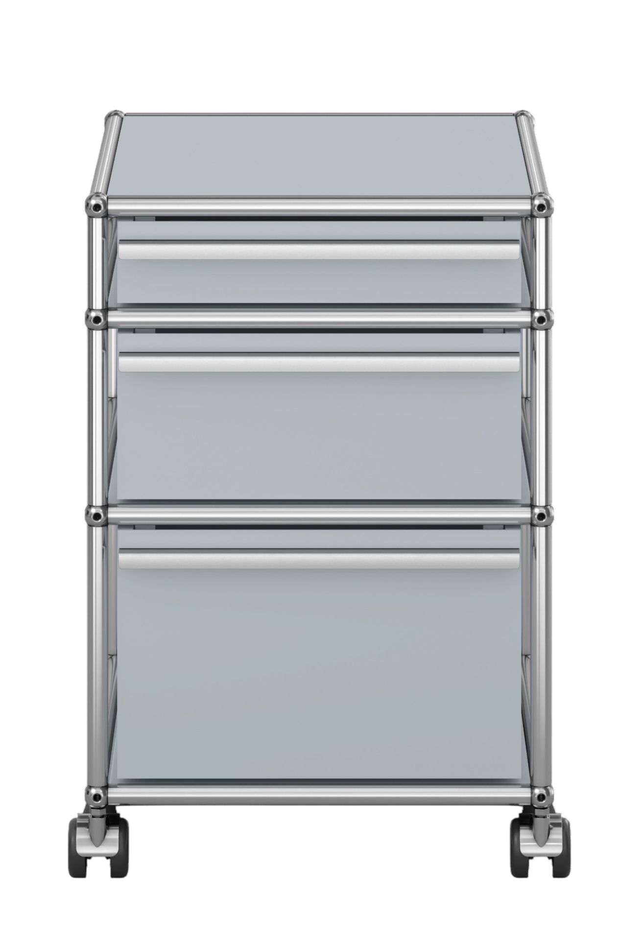 USM Haller Rollcontainer mit drei Schubladen in Mattsilber, modernes Design für Büro und Zuhause.