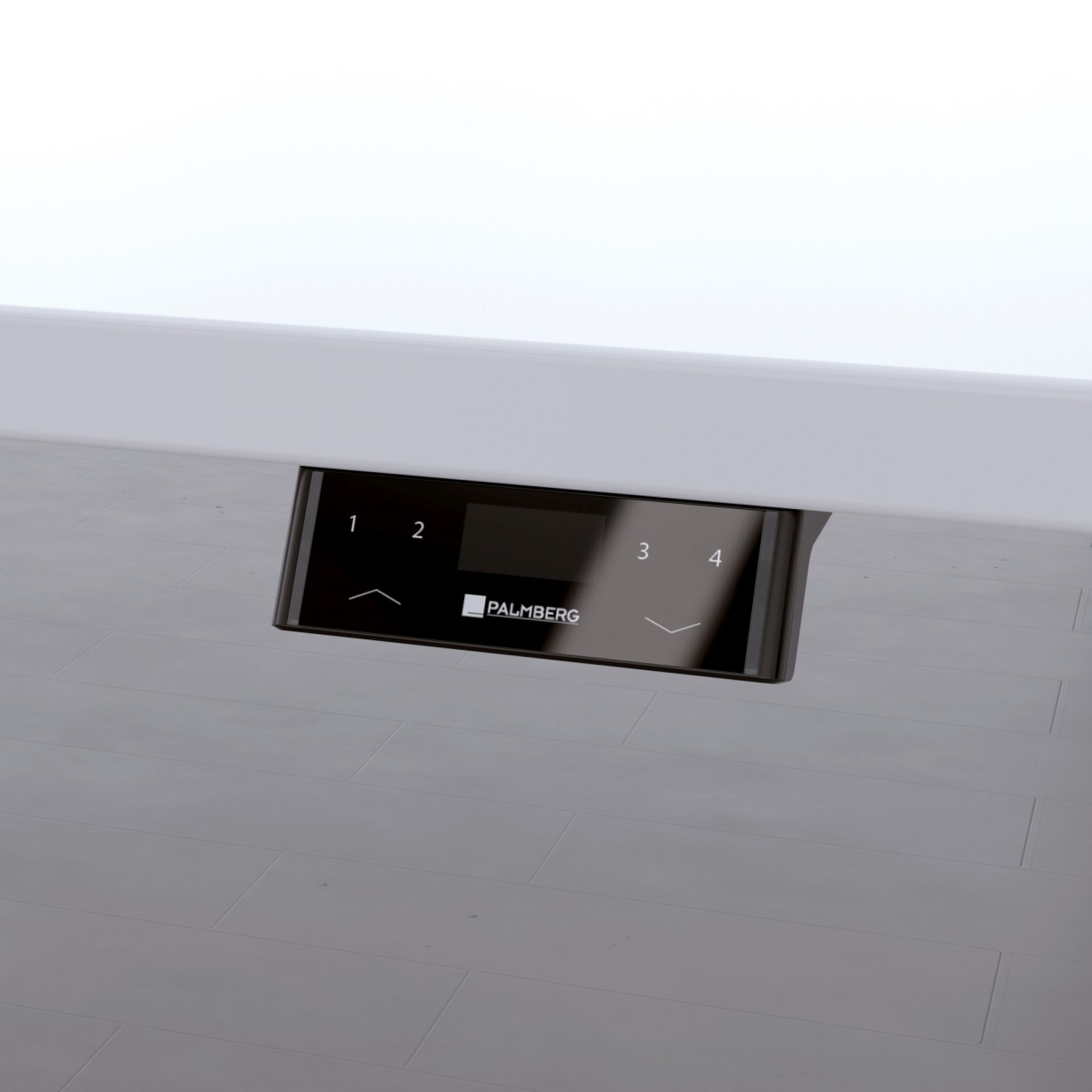 Detailaufnahme des Palmberg Crew T Schreibtischs: Bedienelement zur Höhenverstellung mit Display und Tasten.