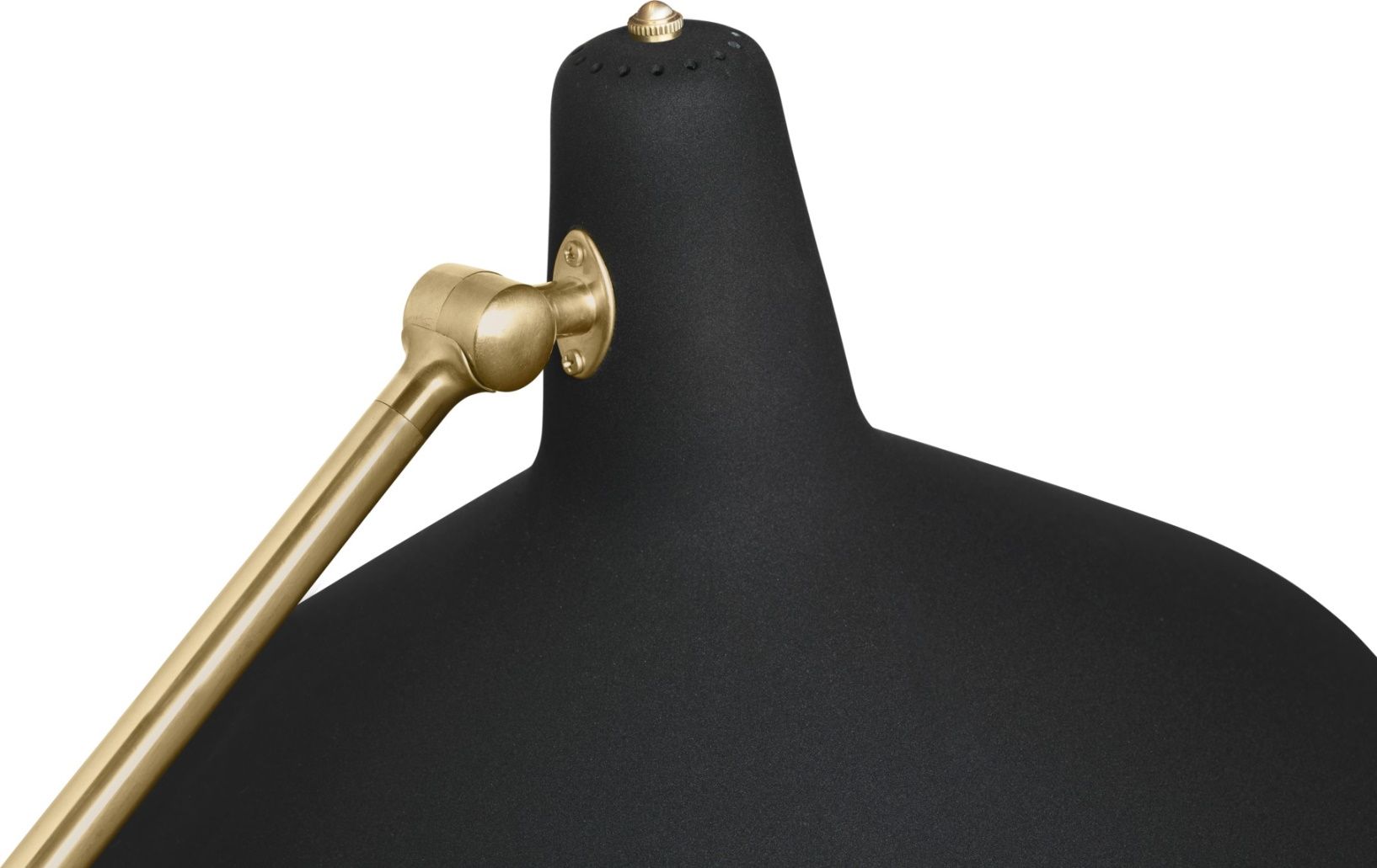 Detailaufnahme der Gubi Stehleuchte G-10 in Schwarz mit goldenem Arm.