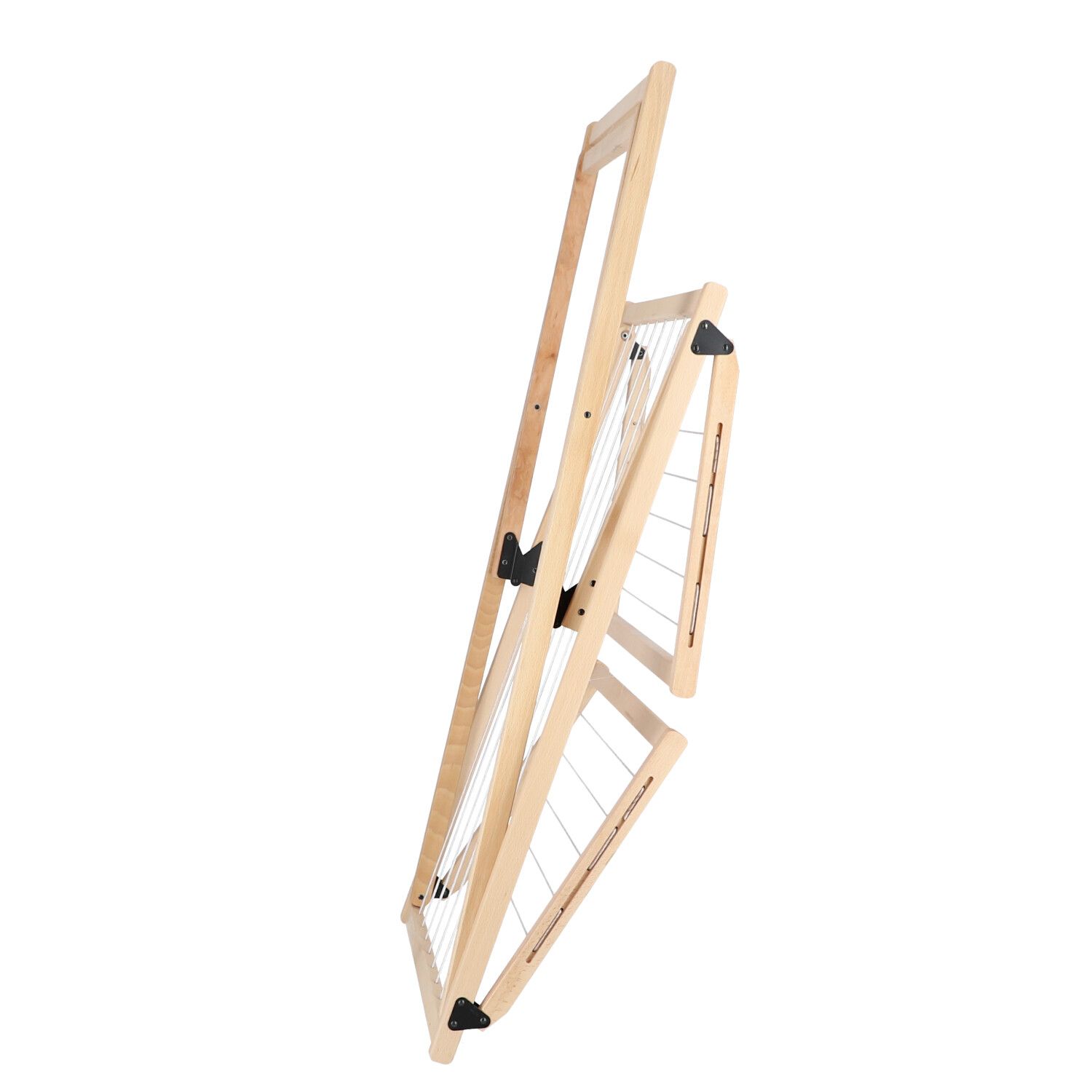 Vivo Wäscheständer von Jan Kurtz aus hellem Holz, zusammengeklappt, für drinnen und draußen.