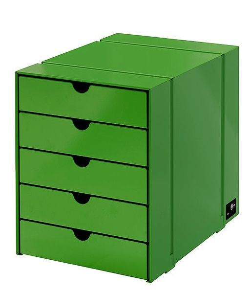 Grünes USM Haller Inos Kastenset C4 mit fünf geschlossenen Schalen für Büro und Zuhause.