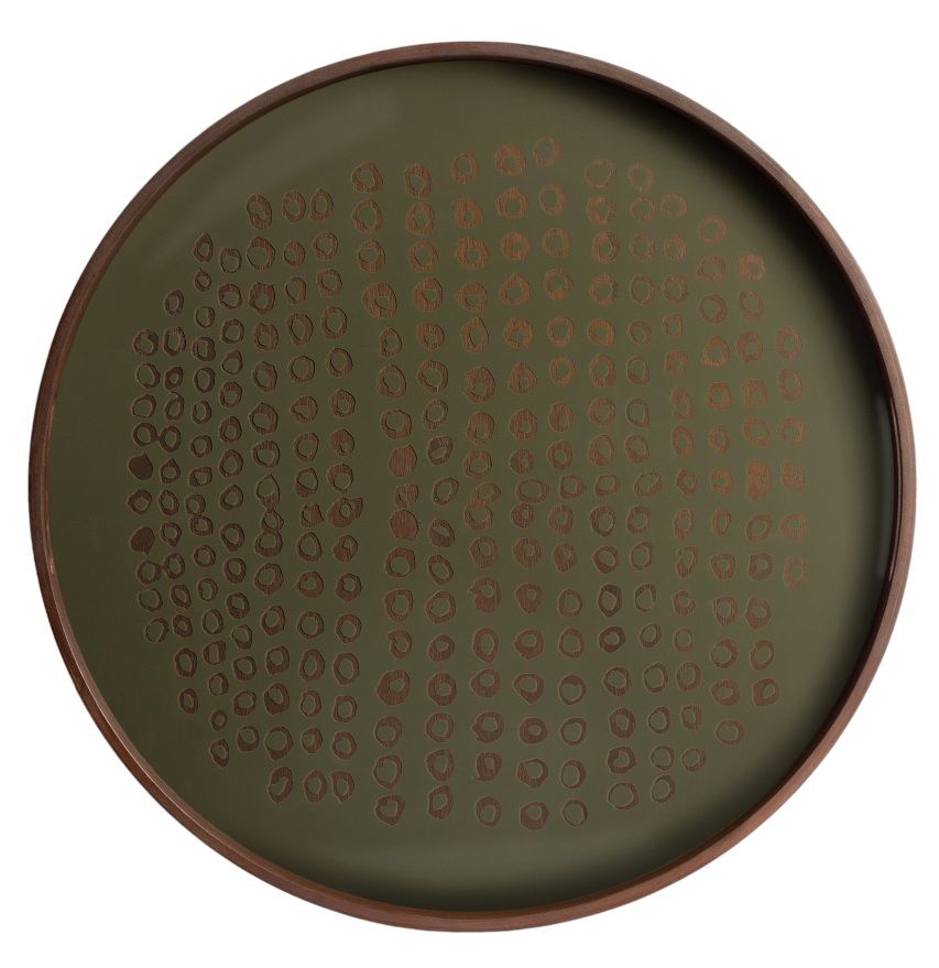 Rundes Second Nature Tablett von Ethnicraft in Grün mit braunem Muster und Holzrand.