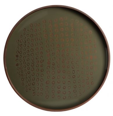 Rundes Second Nature Tablett von Ethnicraft in Grün mit braunem Muster und Holzrand.
