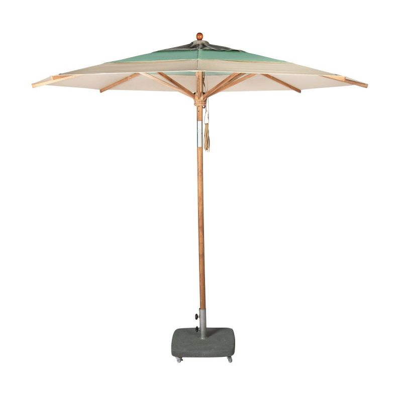 Weishäupl Teakschirm mit grün-weißem Bezug und grauem Sockel für Garten, Terrasse oder Balkon.