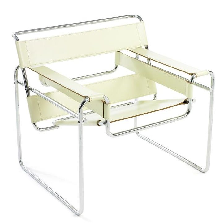 Wassily Sessel von Knoll International mit weißem Leder und verchromtem Stahlrohr Gestell.