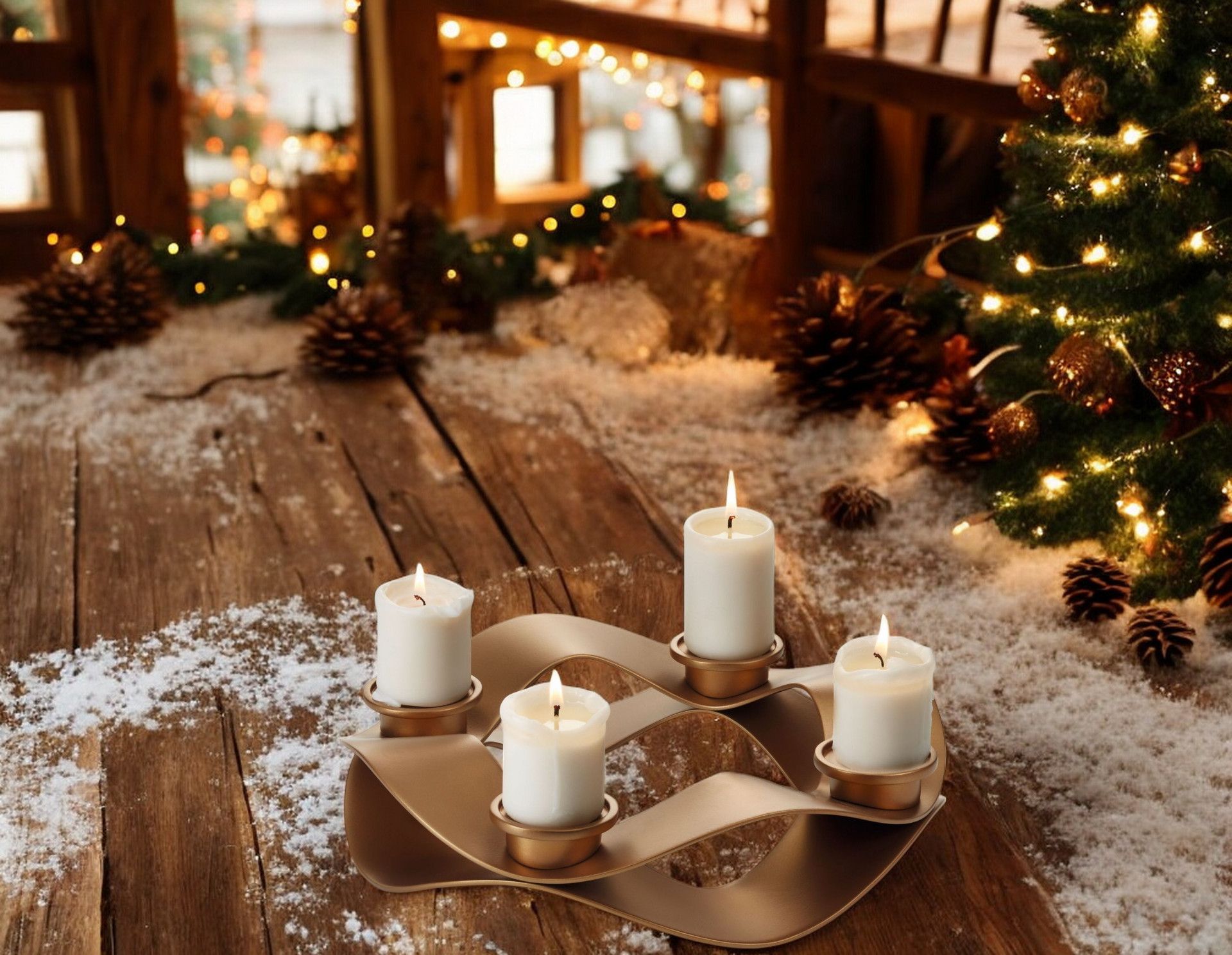 Goldener Girlanda Adventskranz mit vier brennenden Kerzen auf rustikalem Holztisch, festliche Weihnachtsdekoration.