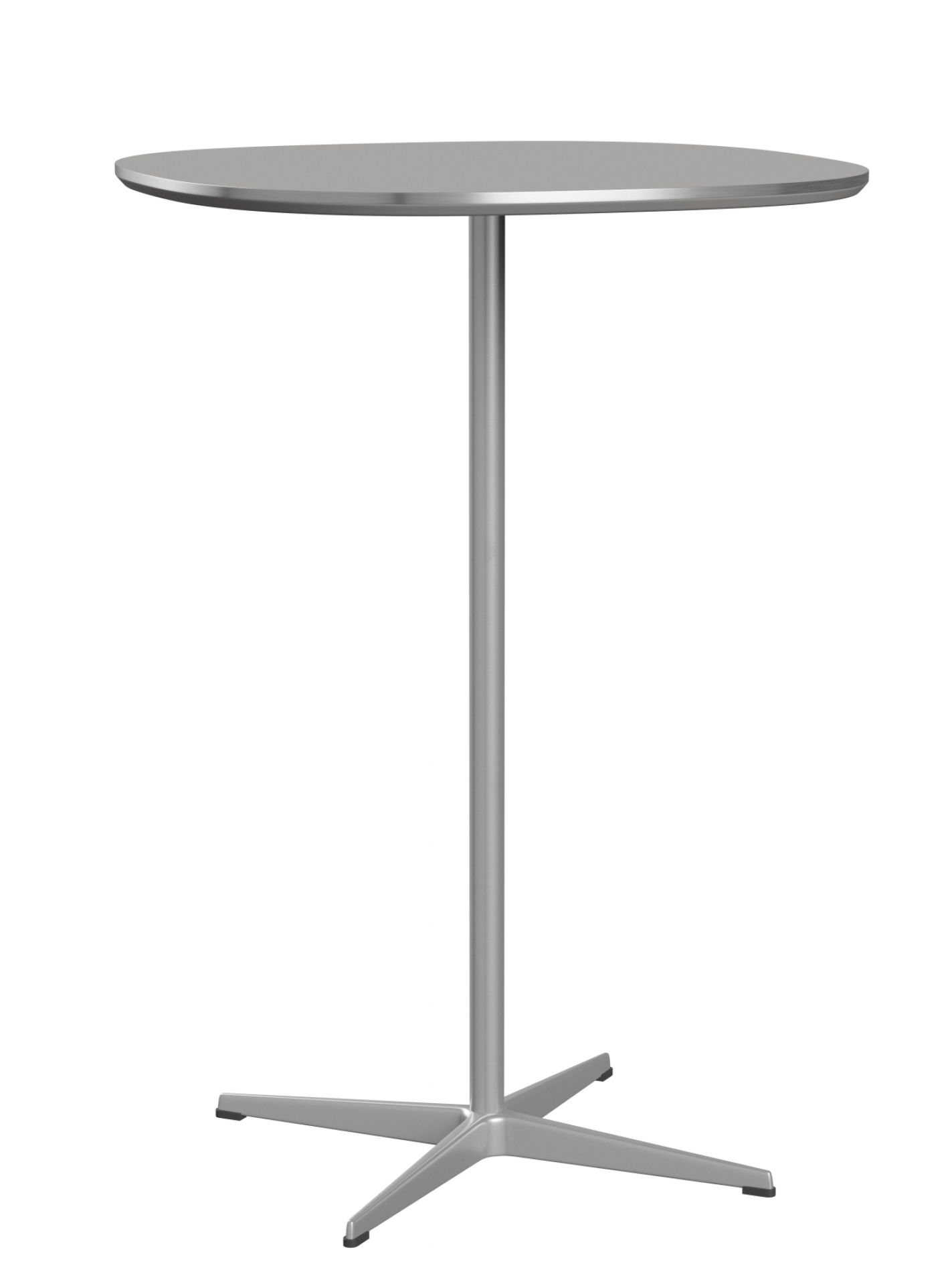 Zirkular Stehtisch von Fritz Hansen, H 108 cm, silberner runder Tisch mit zentralem Fuß.