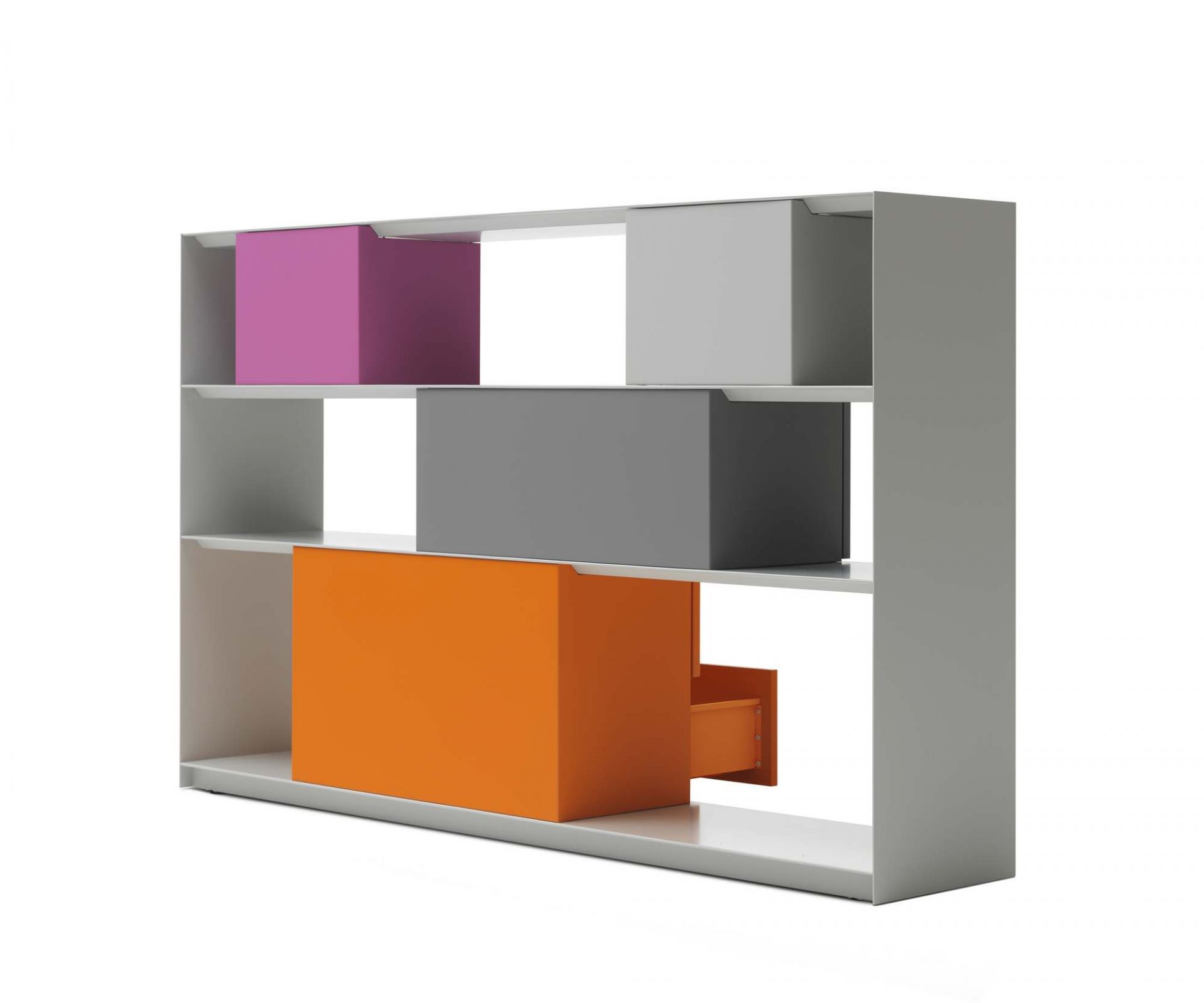 Stack Sideboard von Müller Möbelfabrikation mit farbigen Schubladen und offenem Fach, modernes Design.