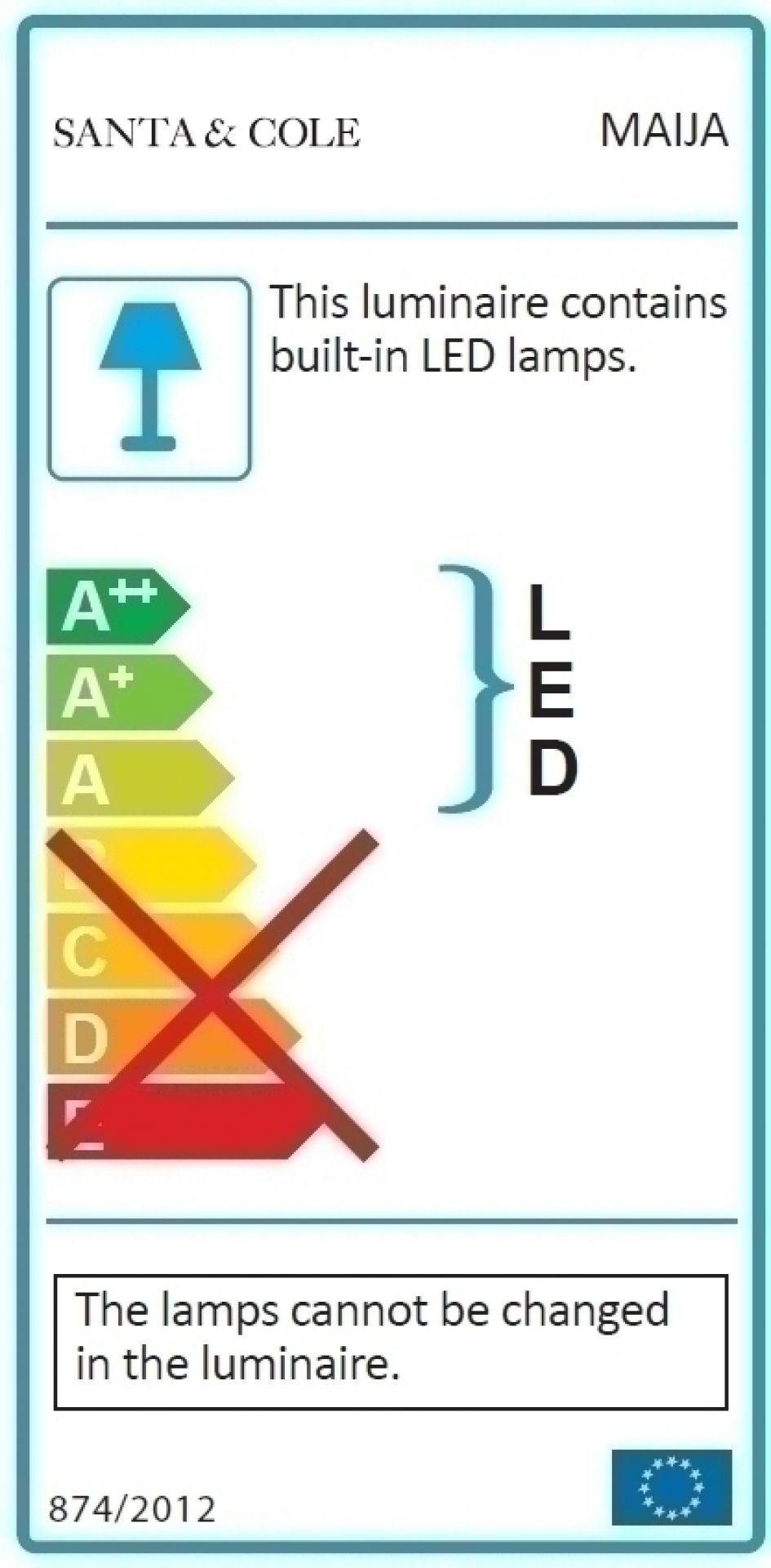 Energielabel der Maija Stehleuchte von Santa & Cole mit LED-Technologie und Energieeffizienzklasse.