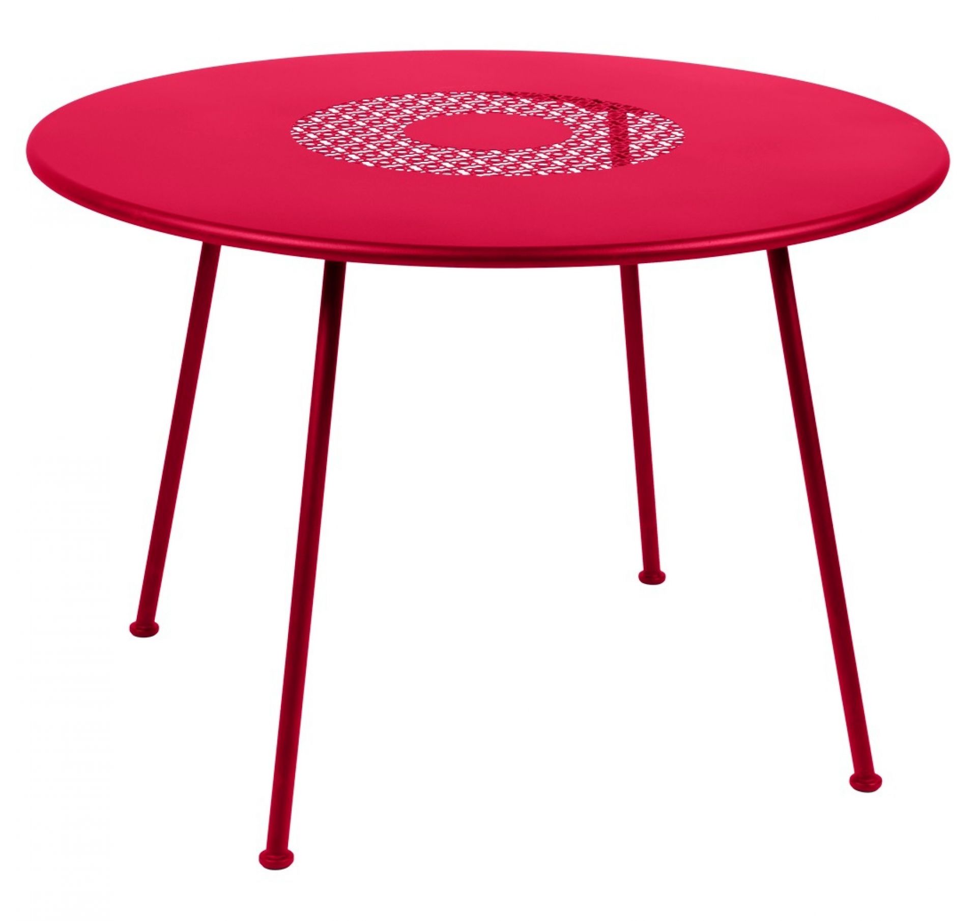 Roter Lorette Gartentisch von Fermob, runder Outdoor Tisch mit filigranem Muster in der Tischmitte.