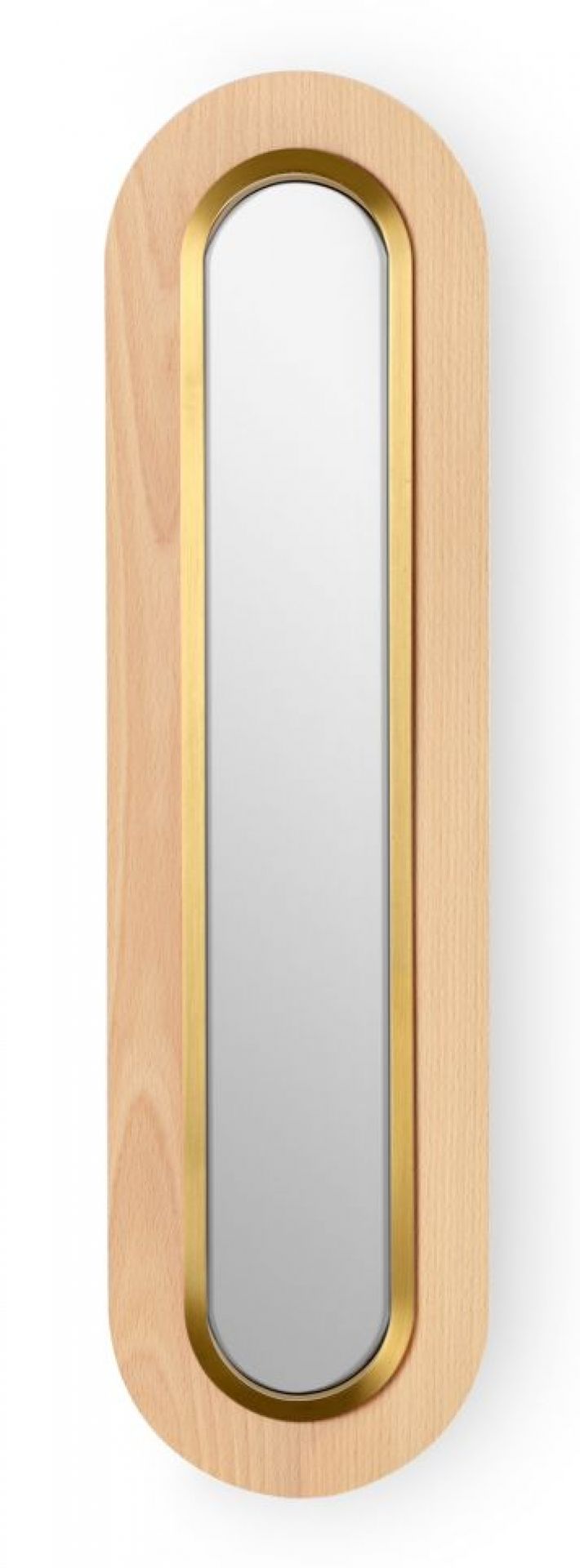 Lens LED Wandleuchte von LZF Lamps: Ovaler Holzrahmen mit goldenem Metallring. Moderne Wandbeleuchtung.