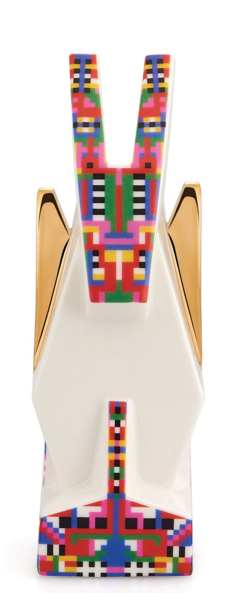 Alessi Esel Porzellanfigur mit bunten Pixelmuster und goldenen Akzenten, dekoratives Sammlerstück.