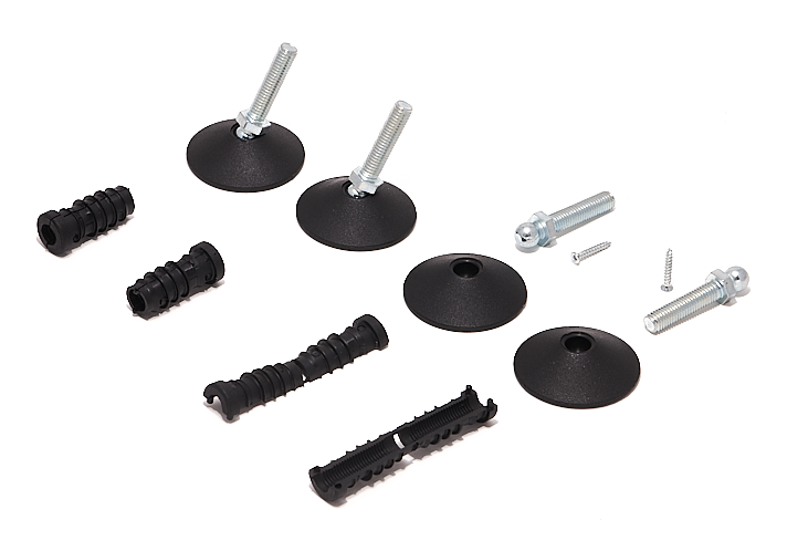 Befestigungssatz für Eiermann Tischgestell: Schrauben, Füße und Verbinder für den Tischbau.
