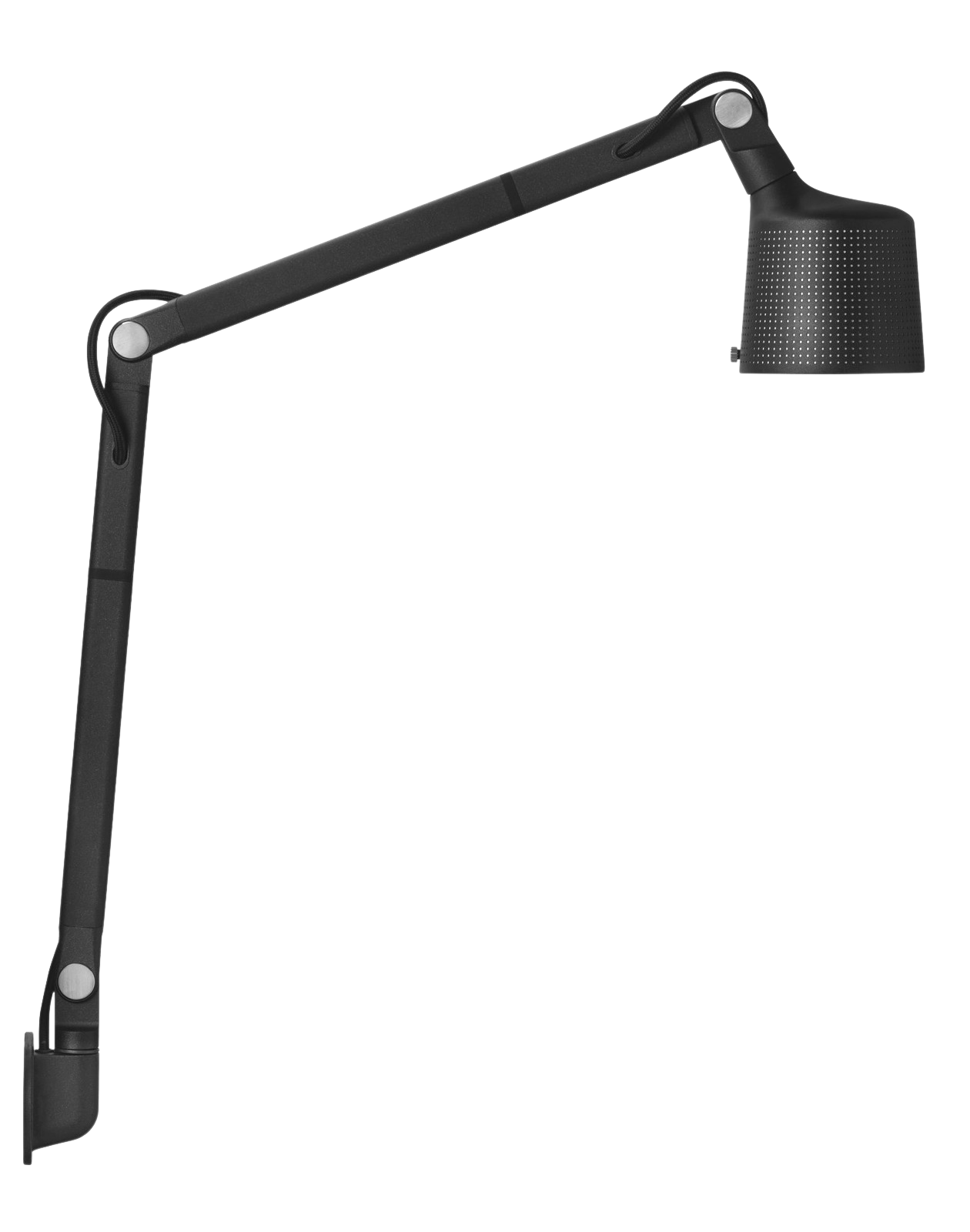 Schwarze Vipp Wandlampe mit verstellbarem Arm und perforiertem Lampenschirm für moderne Innenbeleuchtung.