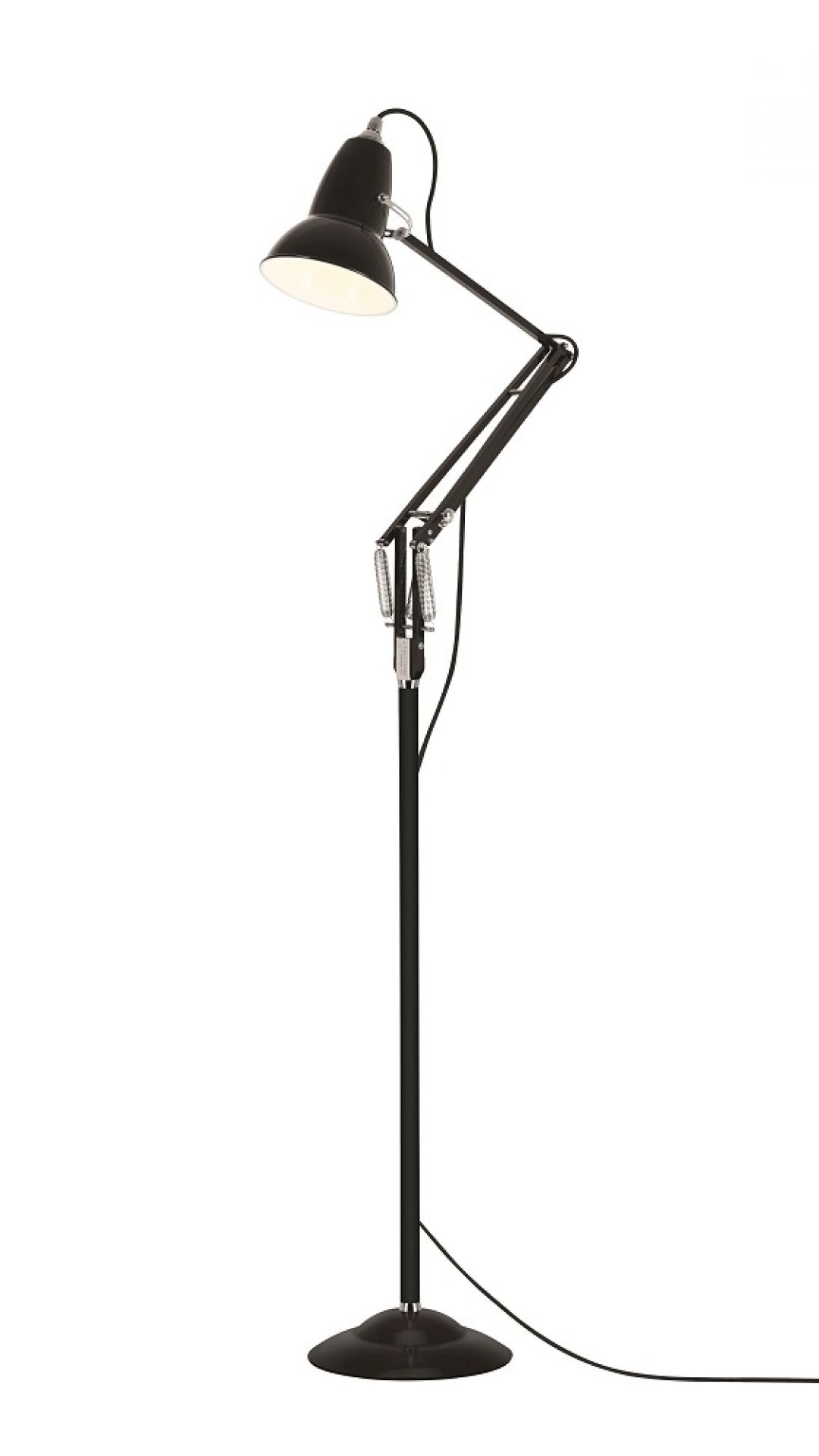 Schwarze Anglepoise Original 1227 Stehleuchte mit verstellbarem Arm und Lampenschirm für optimales Licht.