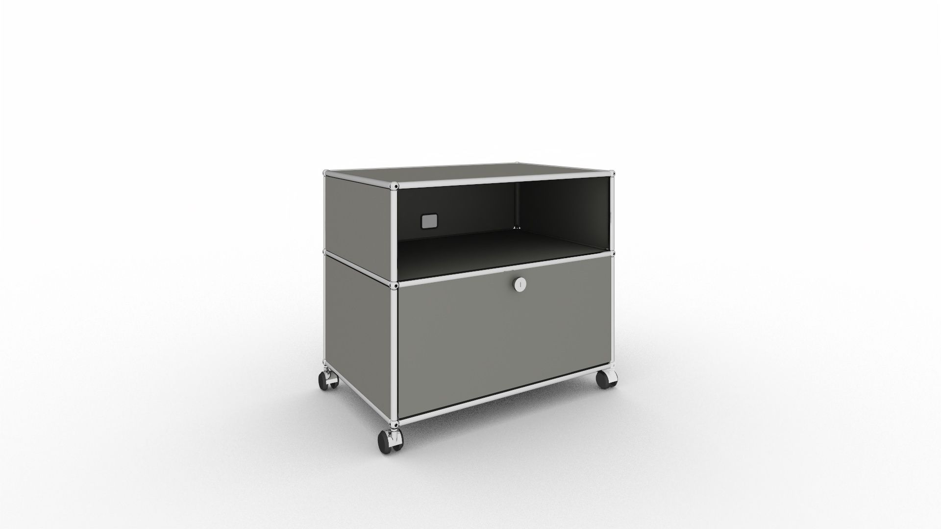 USM Haller TV Möbel in Mittelgrau mit Rollen, bestehend aus offenem Fach und Schublade.