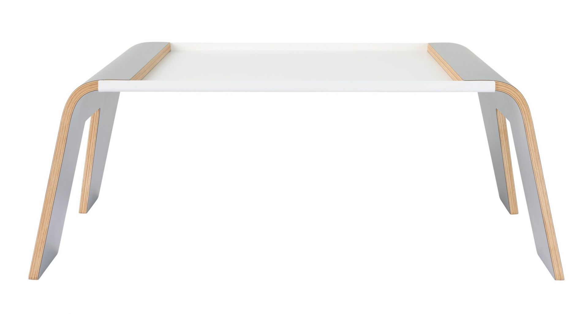 Tojo Notebooktisch: Weißes, modernes Tablett mit grau-holzfarbenem Gestell für Laptop oder Frühstück.