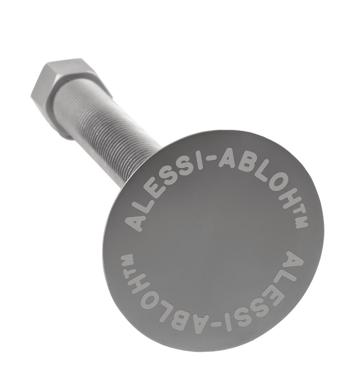 Alessi VA03 Conversational Objects Kerzenständer aus Edelstahl, Nahaufnahme des modernen Designs mit Schraubenkopf.