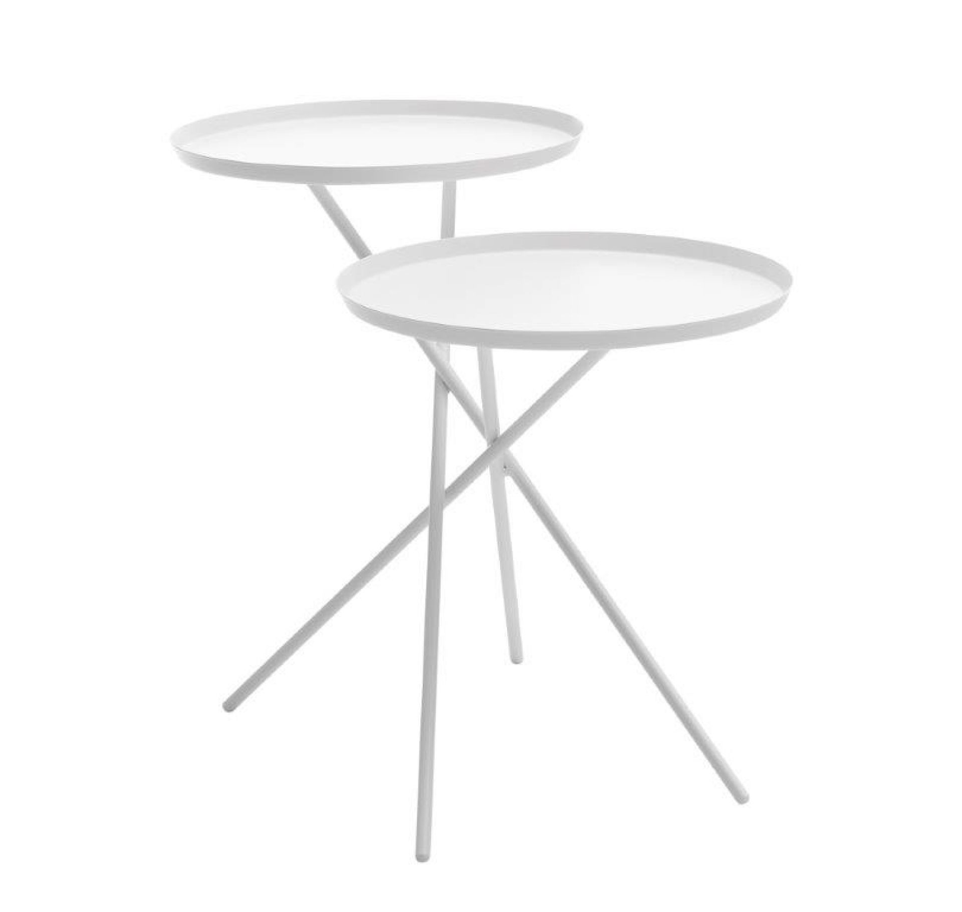 Weißer Monday Beistelltisch mit zwei runden Tischplatten und filigranem Metallgestell. Moderner Beistelltisch für Wohnzimmer.