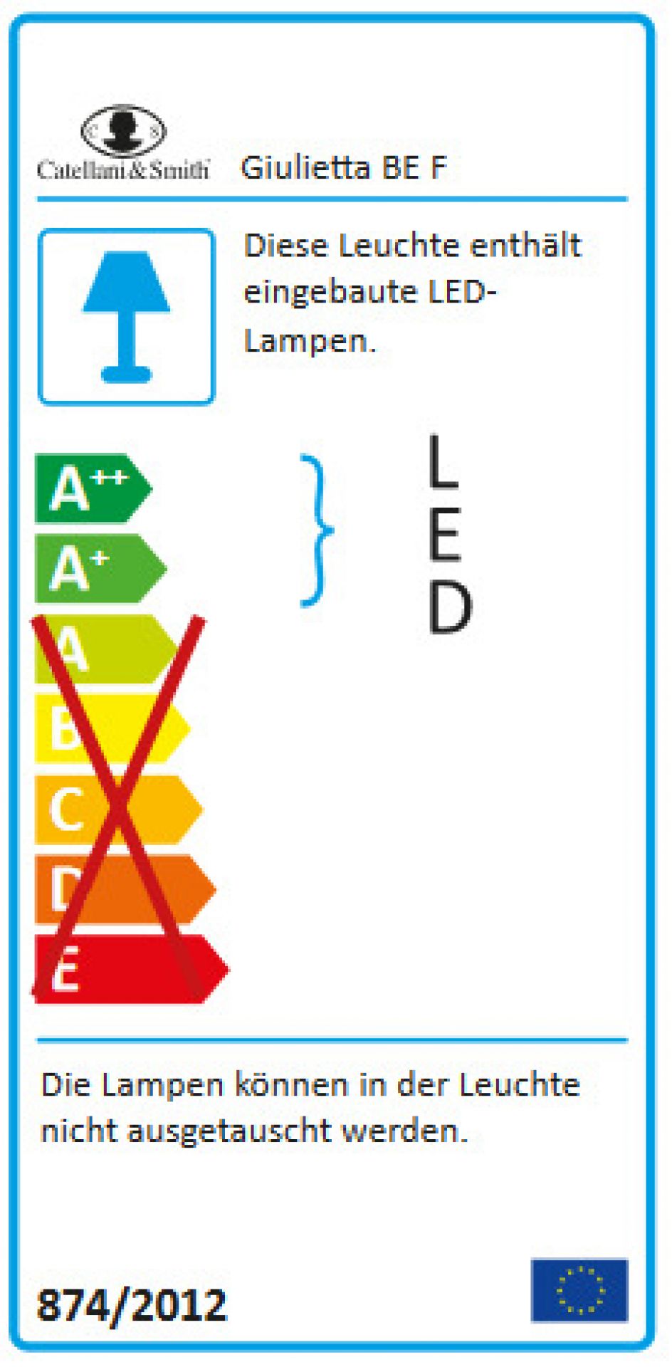Energieeffizienzlabel der Giulietta BE F Stehleuchte von Catellani & Smith mit integrierten LEDs.