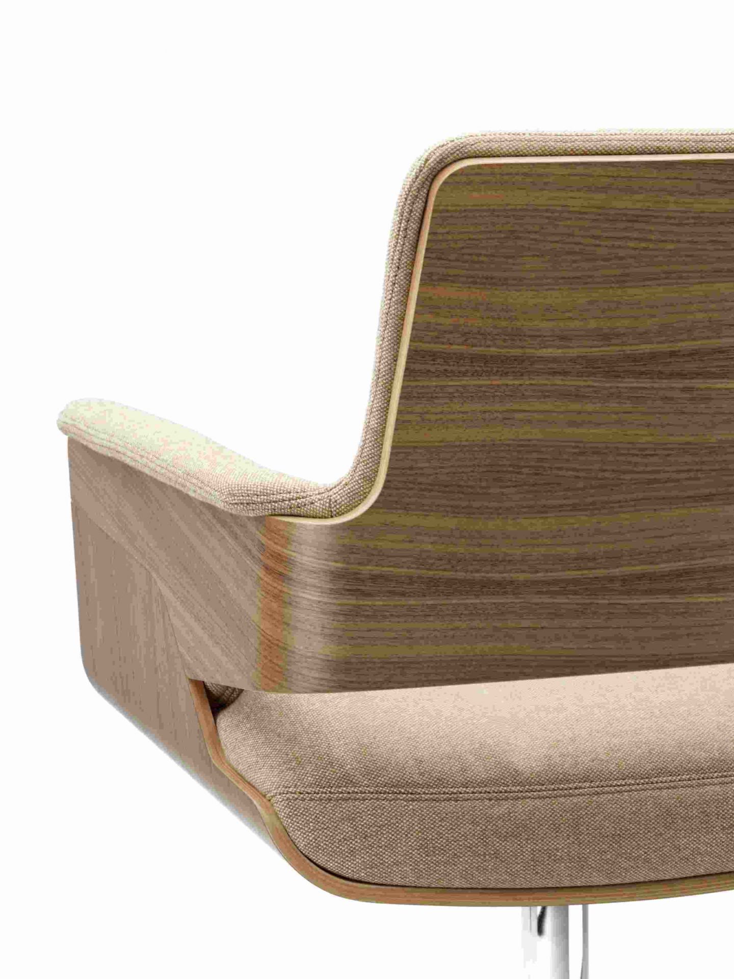 Detailaufnahme des Thonet S 847 Drehsessels mit Holzstruktur und beigem Stoffbezug. Design Bürostuhl.