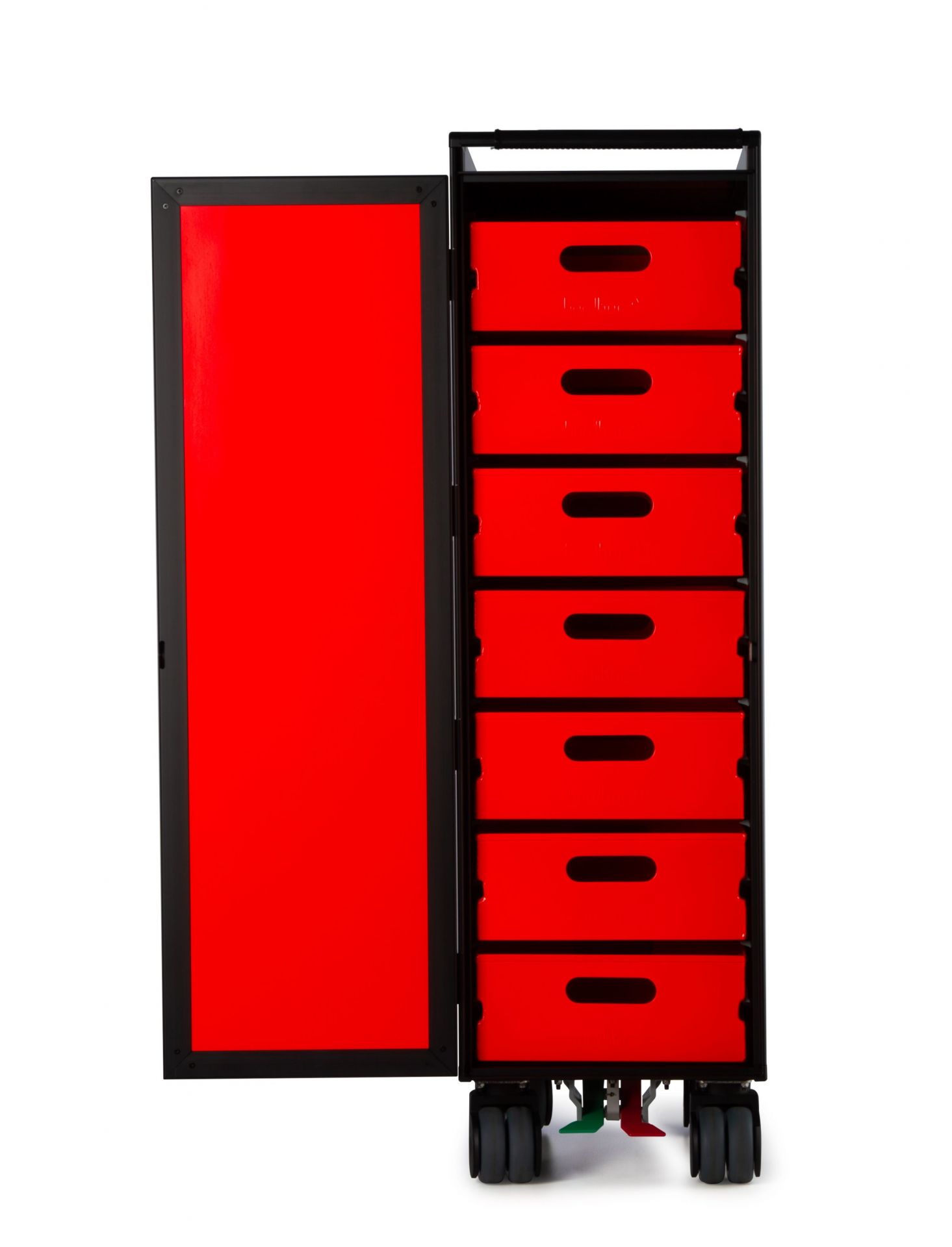 Voyager Flugzeugtrolley Neonblack mit offener Tür und roten Schubladen für Storage Equipment, Bordbar.