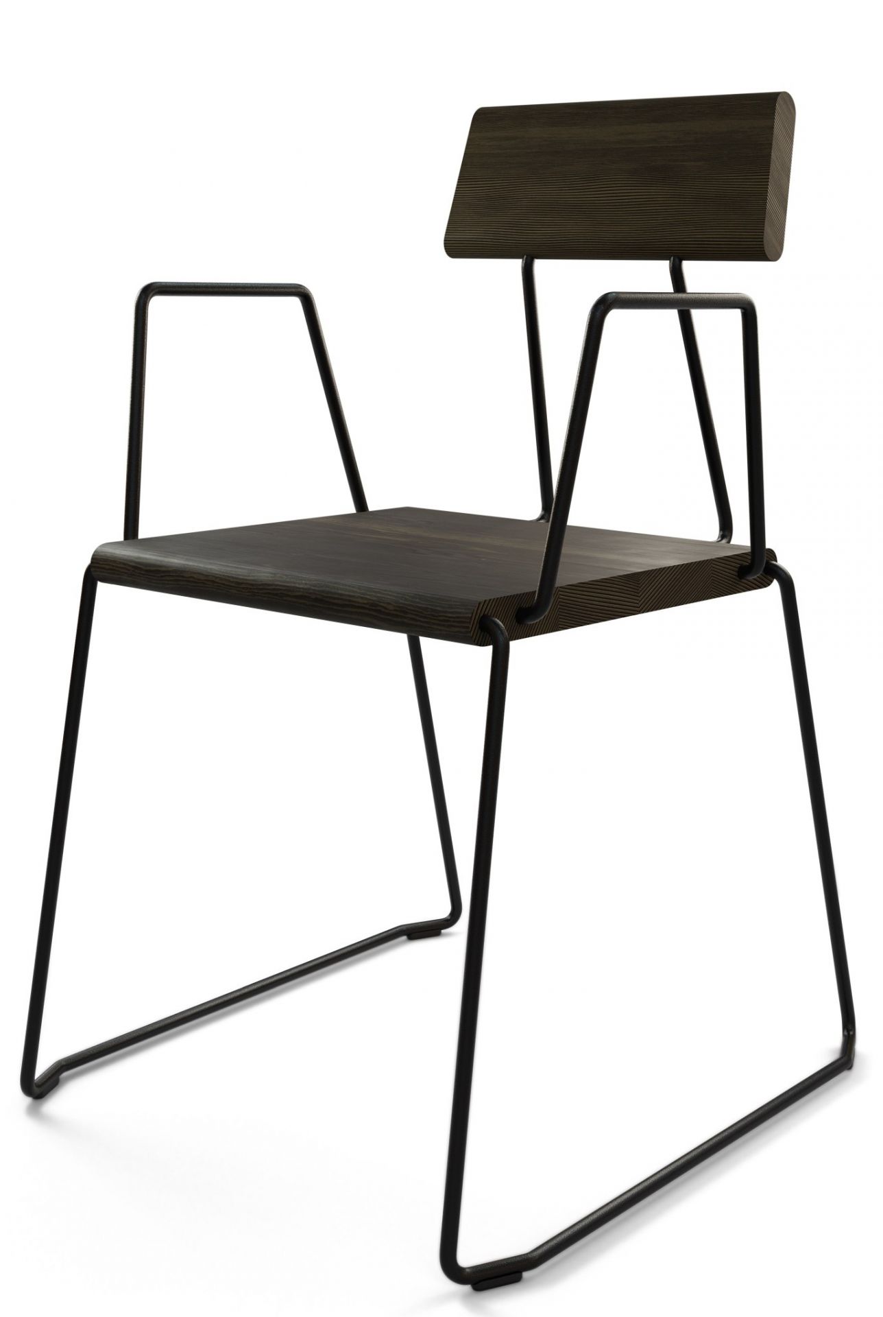 D:006 Stuhl Kohleschwarz von Fuchs & Habicht: Moderner Armlehnstuhl mit schwarzem Metallgestell und Holz-Sitzfläche.