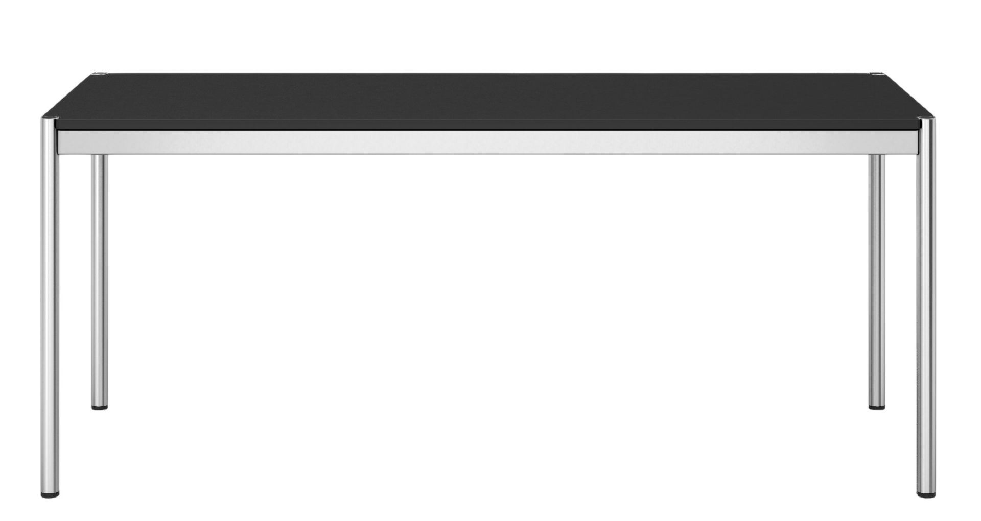 USM Haller Tisch mit schwarzer Linoleum-Tischplatte und verchromtem Gestell, modernes Design für Büro und Zuhause.