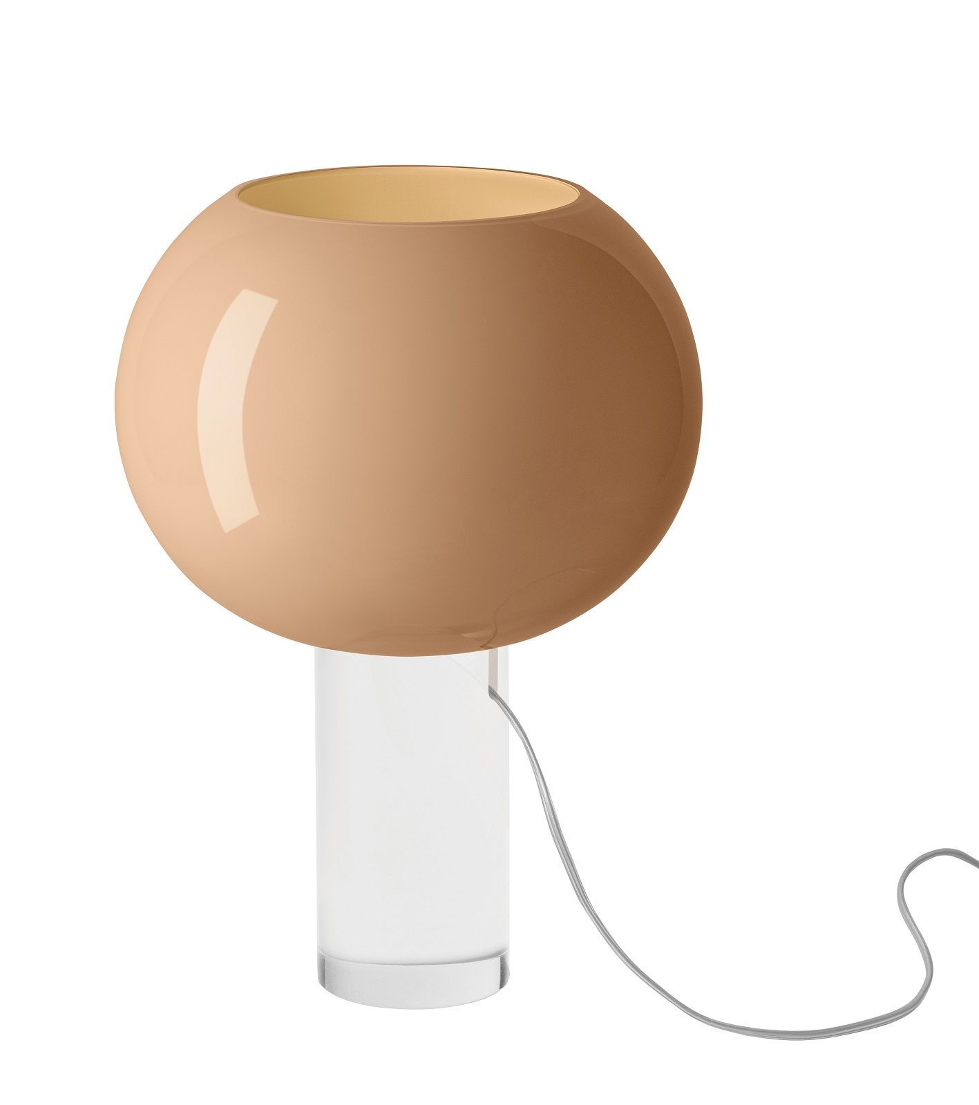 Buds 3 Tischleuchte Cipria von Foscarini: Runde, beige Designerlampe mit transparentem Fuß.