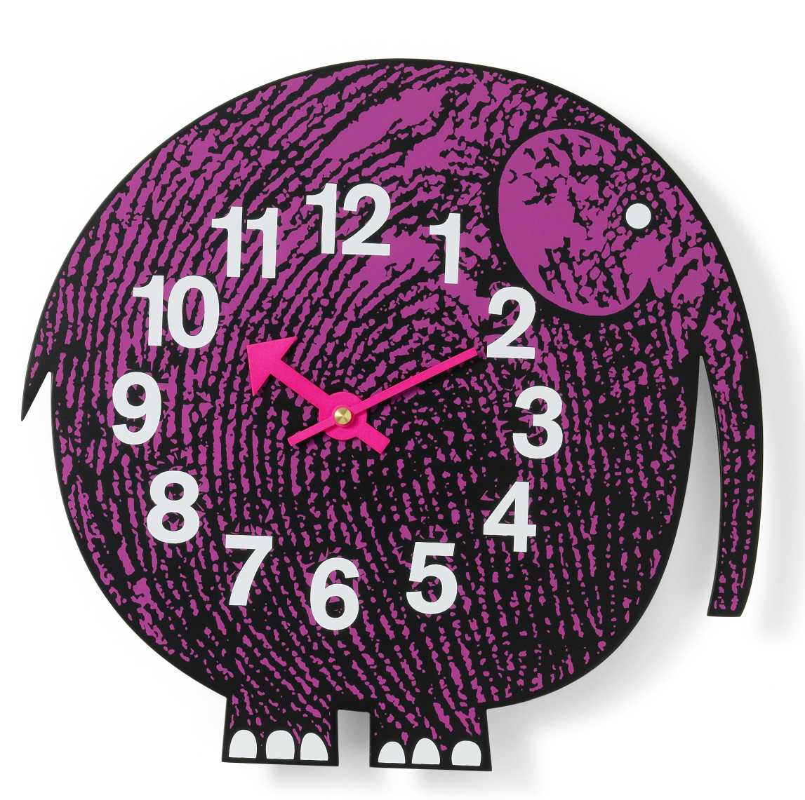 Lila-schwarze Elihu Elefant Wanduhr von Vitra, eine verspielte Kinderzimmer Uhr im Tierdesign.