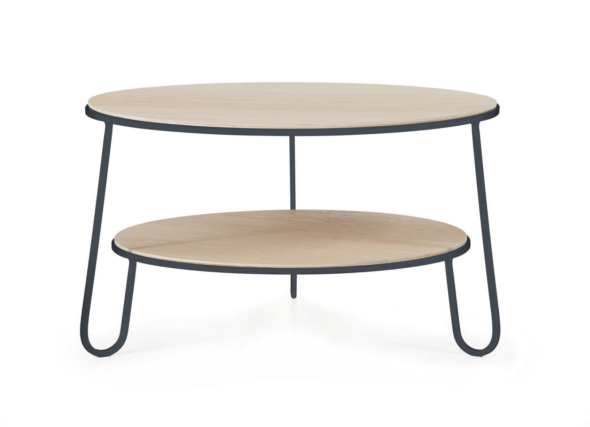 Eugénie Couchtisch von Hartô in Schiefergrau: Runder Wohnzimmertisch mit zwei Ebenen und Metallgestell.