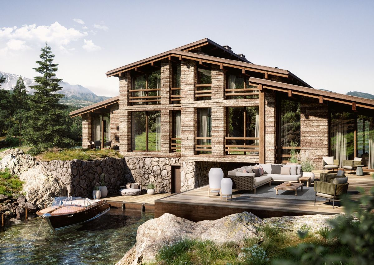 Loon Bodenleuchte von Dedon auf einer Terrasse mit Outdoor-Möbeln und Blick auf einen See.