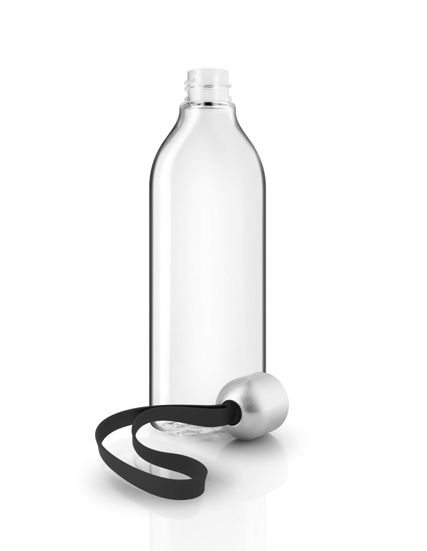 Klares Bild einer Eva Solo Trinkflasche, 0,5 Liter, mit schwarzem Trageband.