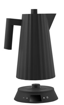 Schwarzer Alessi Plissé Wasserkocher MDL21 mit Temperaturregelung und gerippter Oberfläche auf Basisstation.
