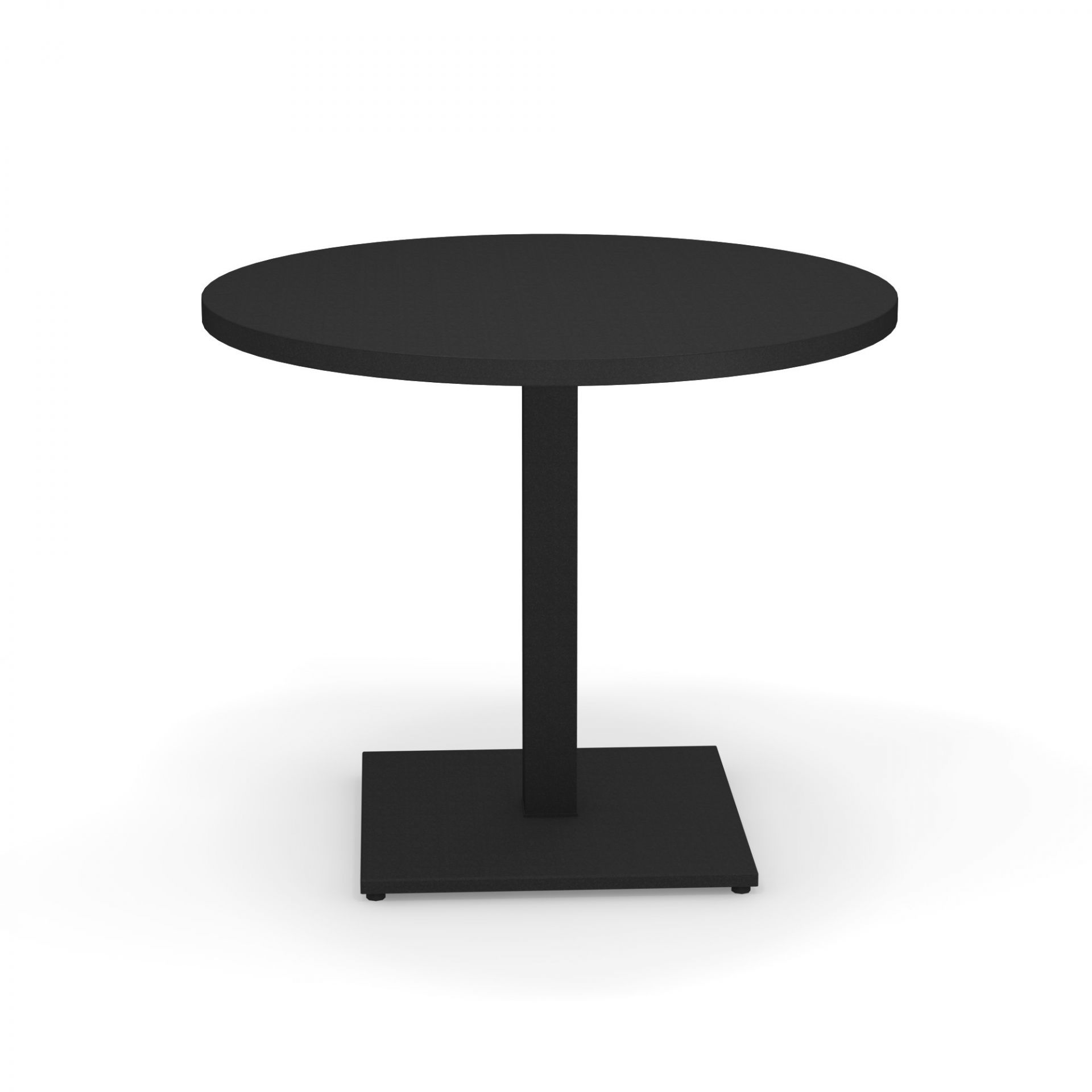 Schwarzer runder Tisch von Emu mit quadratischem Fuß, ideal für Garten, Terrasse und Balkon.