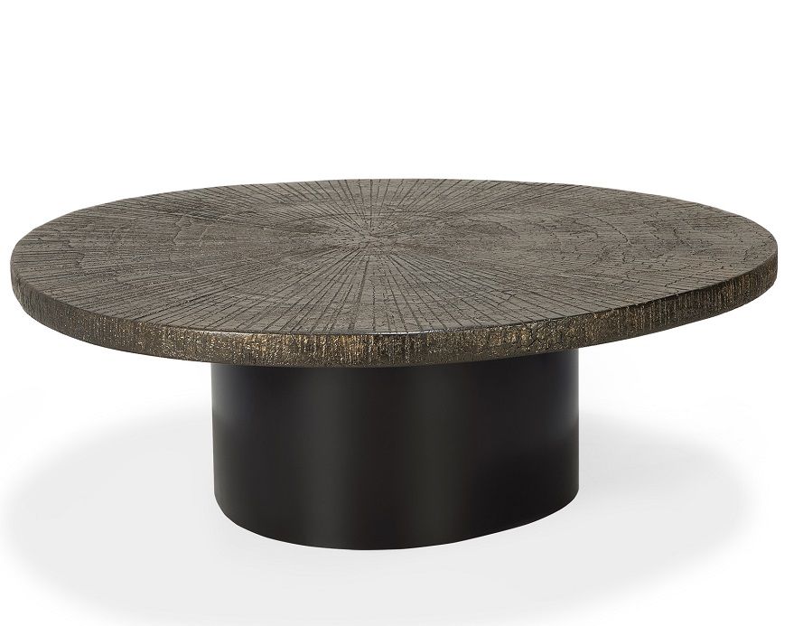 Ovaler Slice Minerals Couchtisch in Whisky-Optik von Ethnicraft mit schwarzem Sockel. Moderner Wohnzimmertisch.