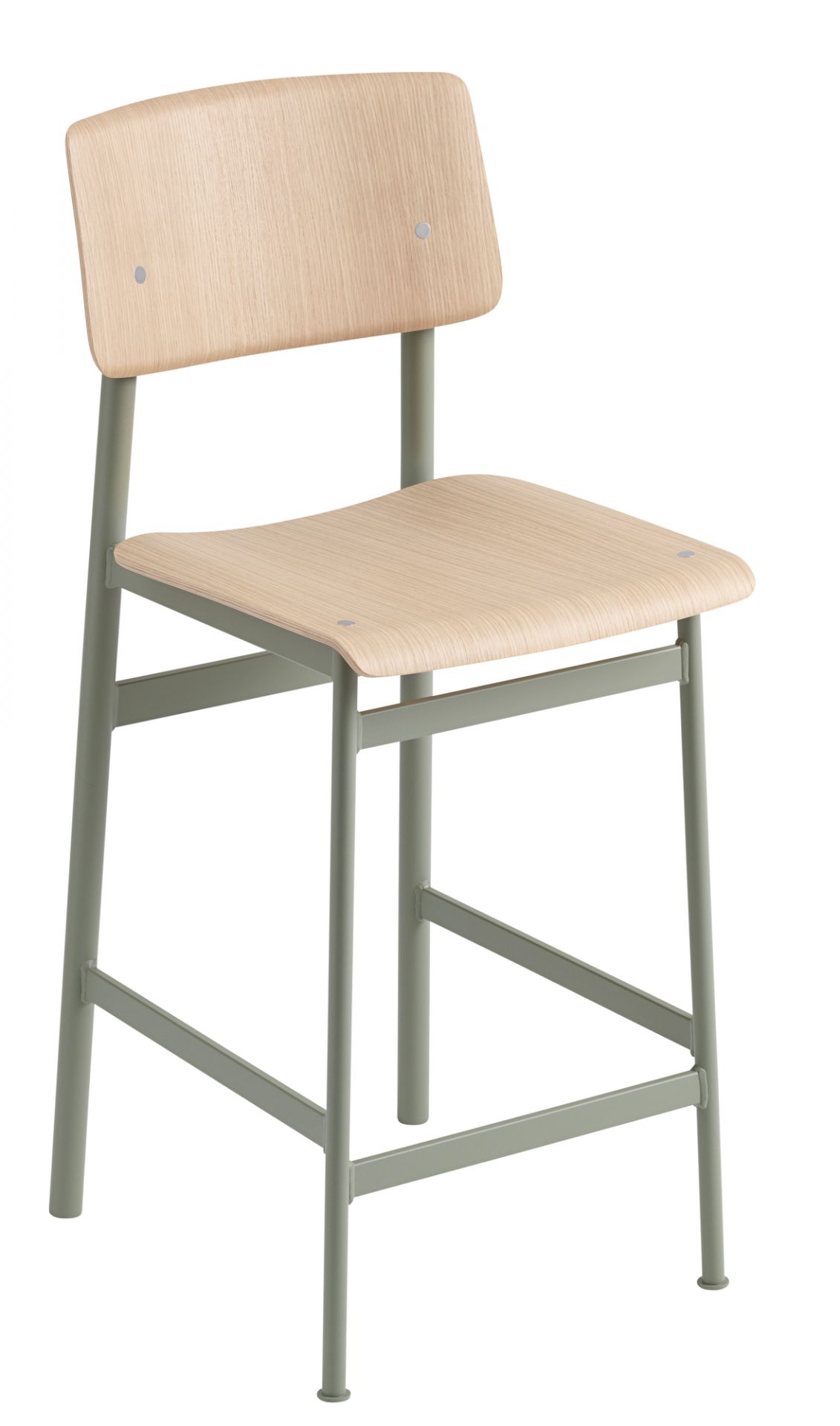 Muuto Loft Counter Stool Barhocker H 65 cm mit Holz-Sitzfläche und grauem Metallgestell.
