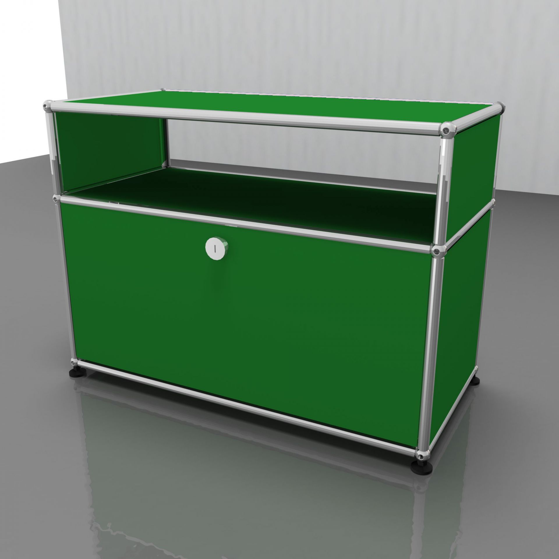 USM Haller Beistelltisch in Grün mit einer Schublade, modernes modulares Möbeldesign für stilvolle Wohnräume.