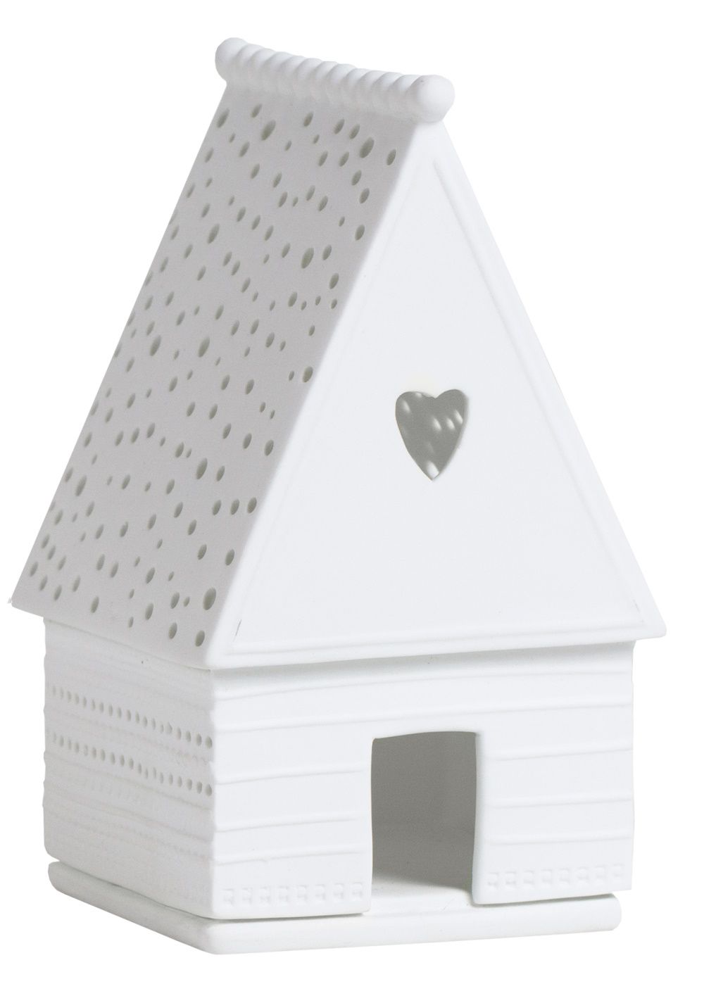 Detailaufnahme eines weißen Zuhause Lichthauses im Lebkuchenhaus-Stil mit Herzfenster und filigranen Details.