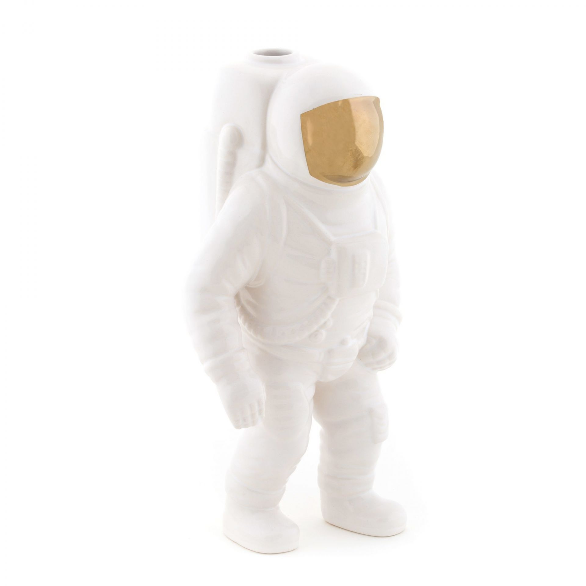 Weiße Starman Vase von Seletti in Form eines Astronauten mit goldenem Visier. Dekorative Blumenvase.