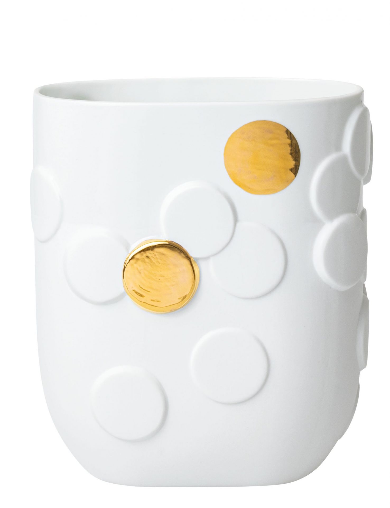 Weiße Vase mit erhabenen Kreisen und goldenen Akzenten. Moderne Deko für Blumen und Pflanzen.