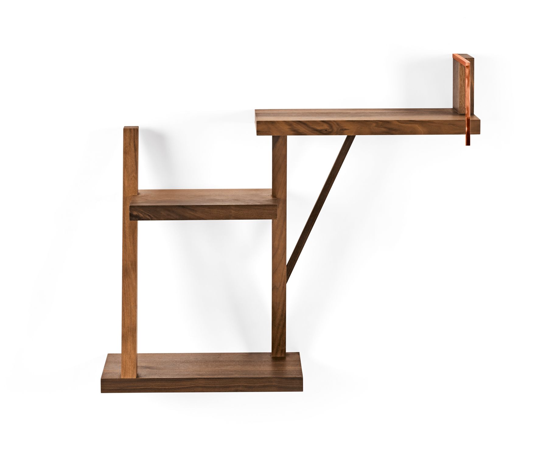 Wandregal aus Nussbaum mit modernem Design und zwei Ablageflächen. Ideal für stilvolle Wohnräume.