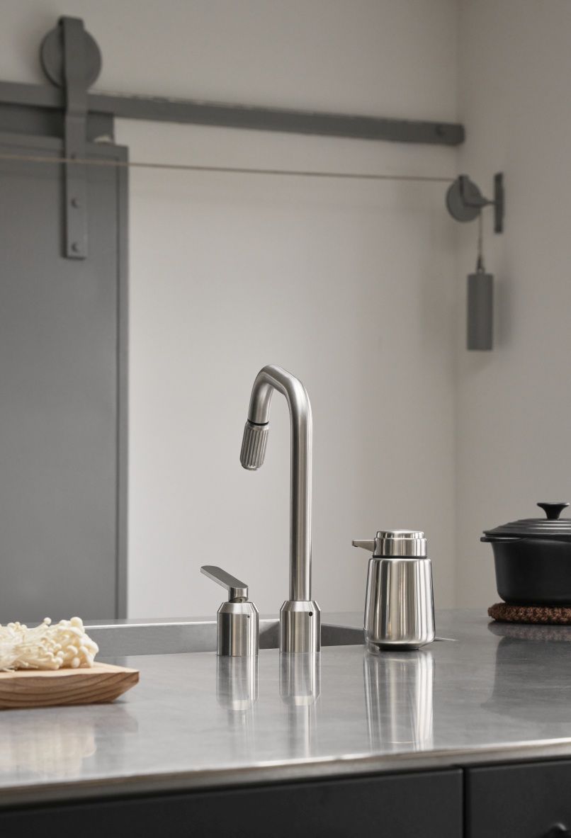 Edelstahl Seifenspender von Vipp neben einer Küchenarmatur auf einer modernen Küchenarbeitsplatte.