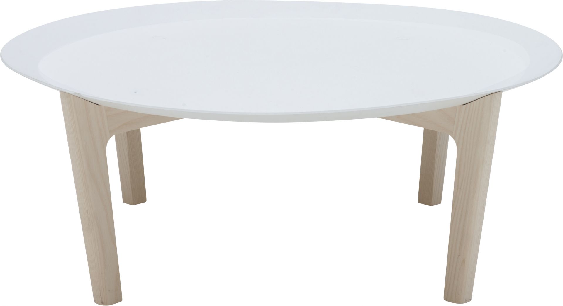 Tray Beistelltisch Softline mit runder, weißer Tischplatte und hellem Holzgestell, modernes Möbeldesign.