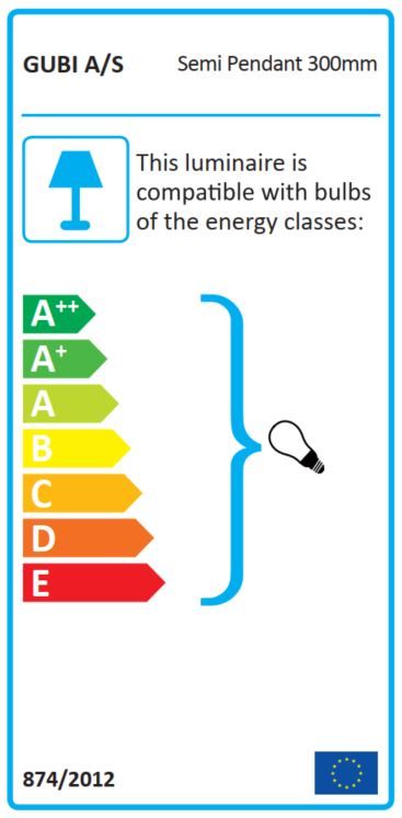 Energieeffizienzlabel für Gubi Semi Pendelleuchte. Kompatibel mit Leuchtmitteln der Energieklassen A++ bis E.