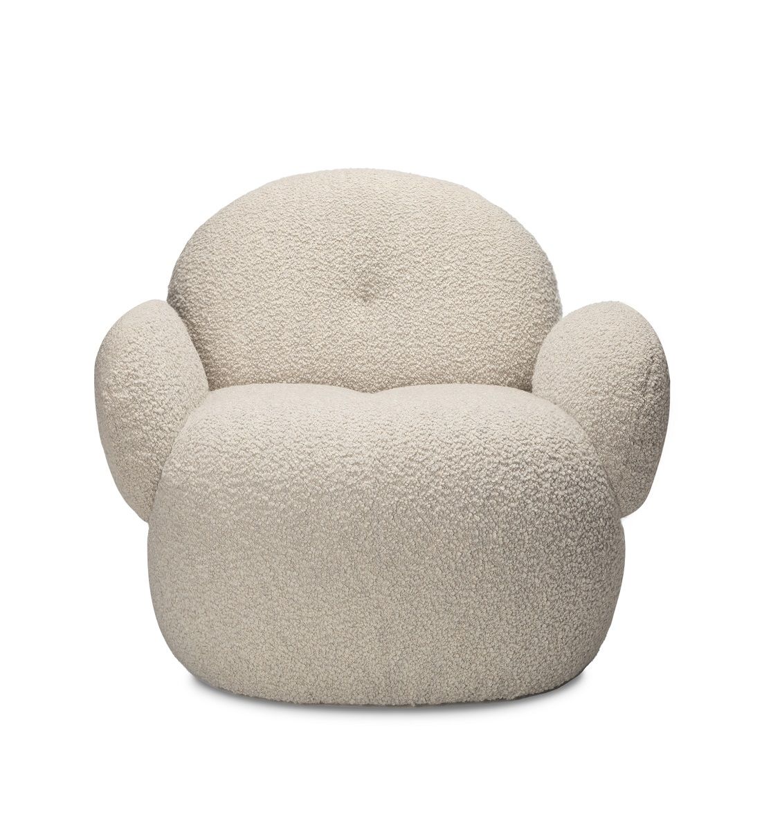 Beiger Nana Sessel von Freifrau Manufaktur mit Bouclé-Bezug, moderner Loungesessel für Wohnzimmer und Entspannung.