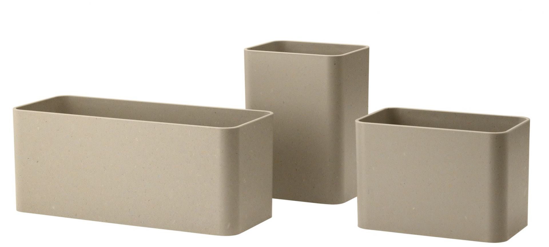 Drei beige String Furniture Organizer Aufbewahrungsboxen in verschiedenen Größen für Ordnung und Aufbewahrung.