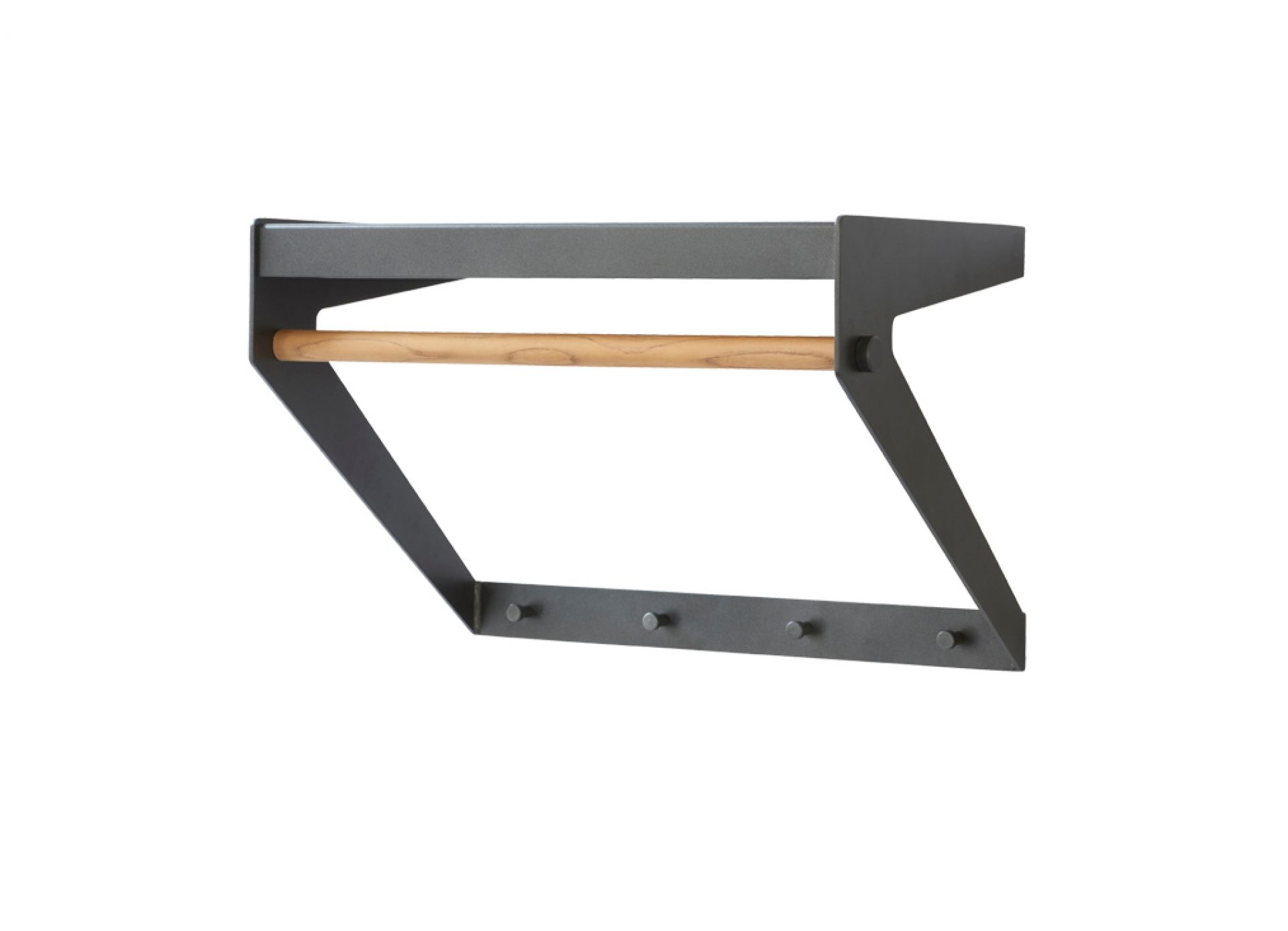 Cane-Line City Rack Garderobe in Lavagrau mit Ablage, Holzstange und Hakenleiste.