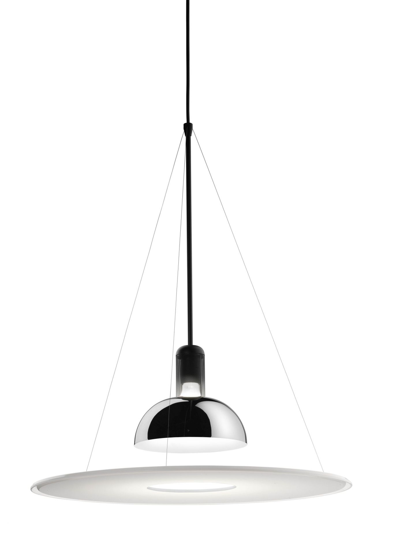 Frisbi Hängeleuchte von Flos: Moderne Pendelleuchte mit Chrom und weißem Diffusor.